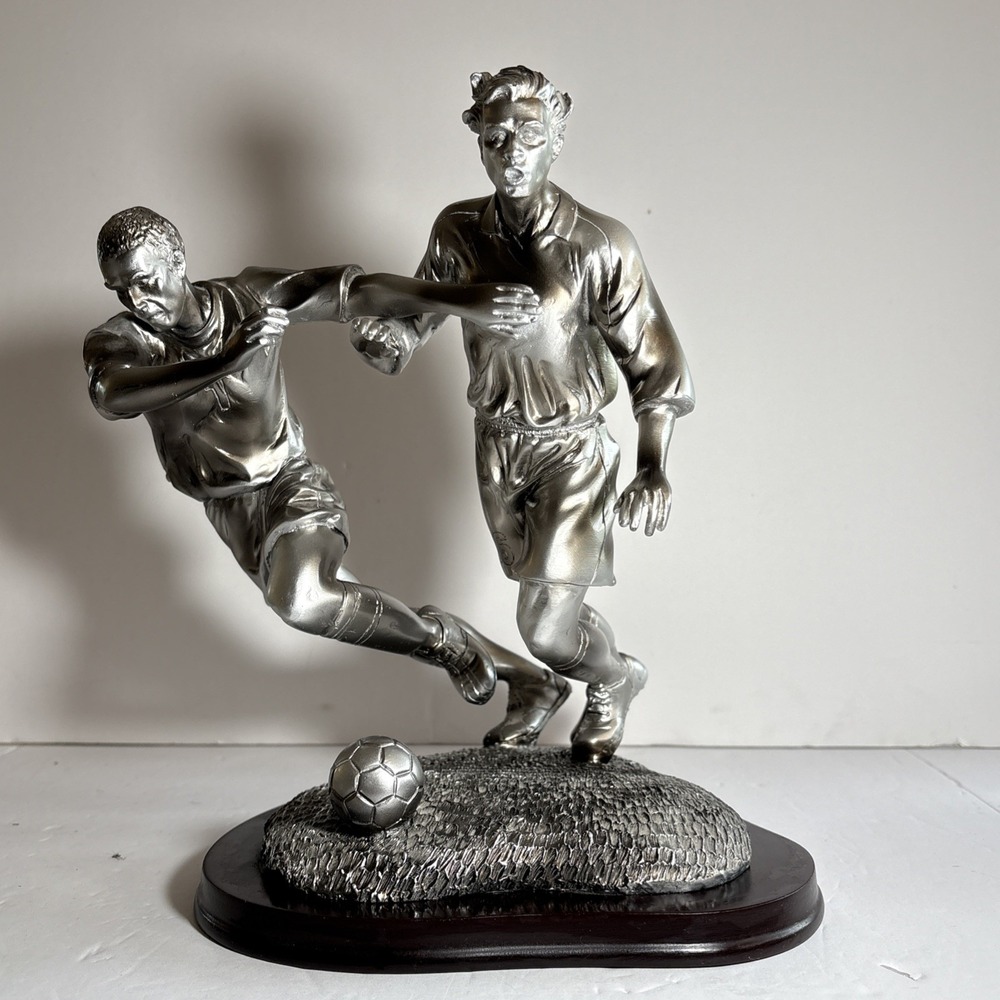 Large Table Top Soccer Player Trophy Statue On Wooden Base